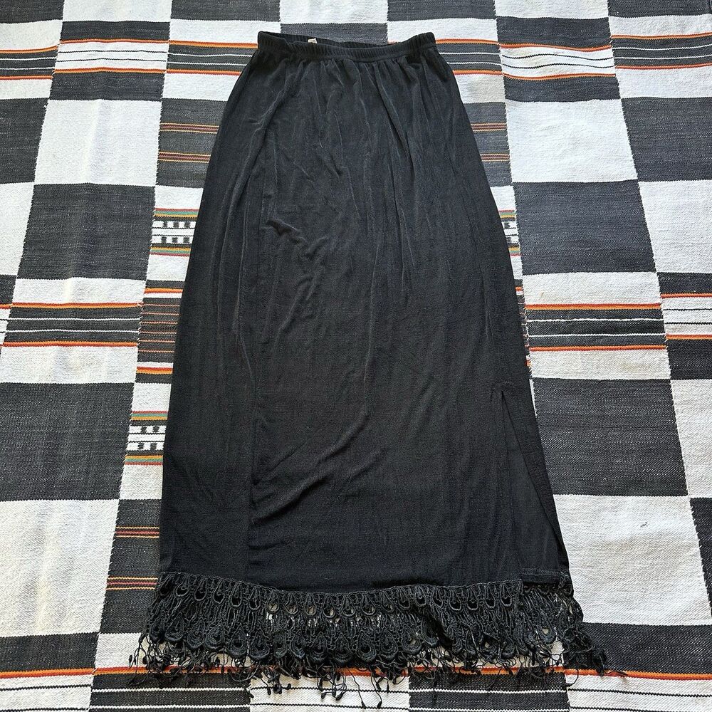 Vintage 80’s Miss California Black Maxi Witchy Skirt. Crochet Hem. Slit. USA. S.